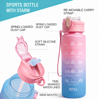 Motivational Time Marker Water Bottle 1L | BPA-Free Leak-Proof Sipper Bottle for Gym, Office, School & Travel