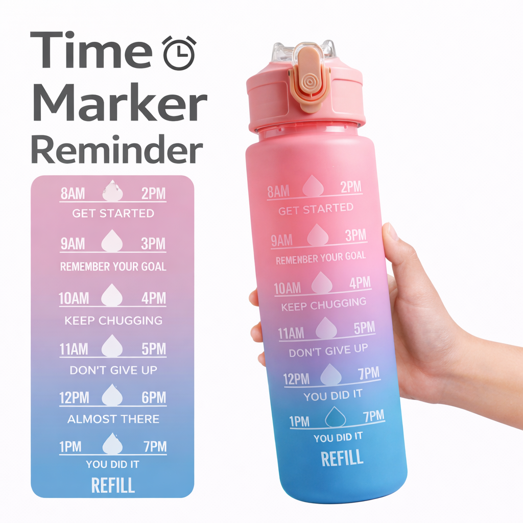 Motivational Time Marker Water Bottle 1L | BPA-Free Leak-Proof Sipper Bottle for Gym, Office, School & Travel