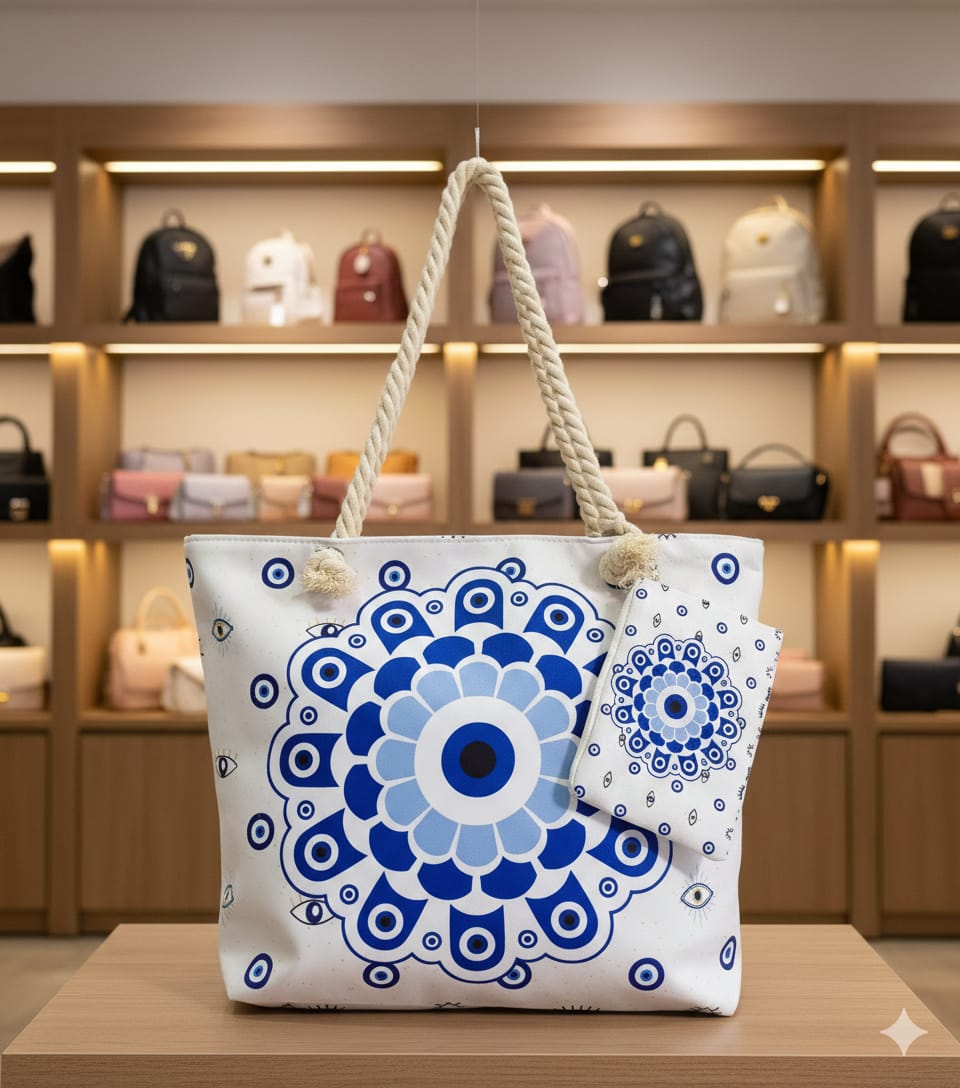 Stylish Evil Eye Printed Tote Bag with Rope Handle | Large Capacity | Daily Use Handbag
