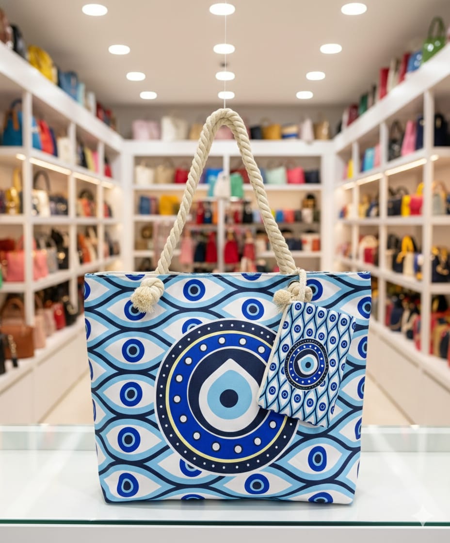 Stylish Evil Eye Printed Tote Bag with Rope Handle | Large Capacity | Daily Use Handbag