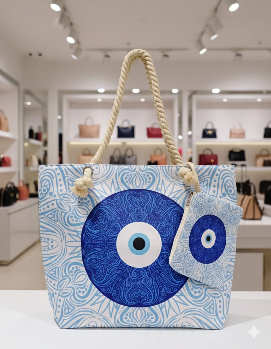 Stylish Evil Eye Printed Tote Bag with Rope Handle | Large Capacity | Daily Use Handbag