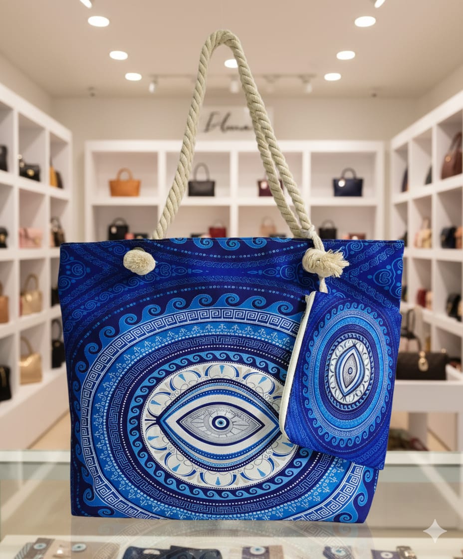 Stylish Evil Eye Printed Tote Bag with Rope Handle | Large Capacity | Daily Use Handbag