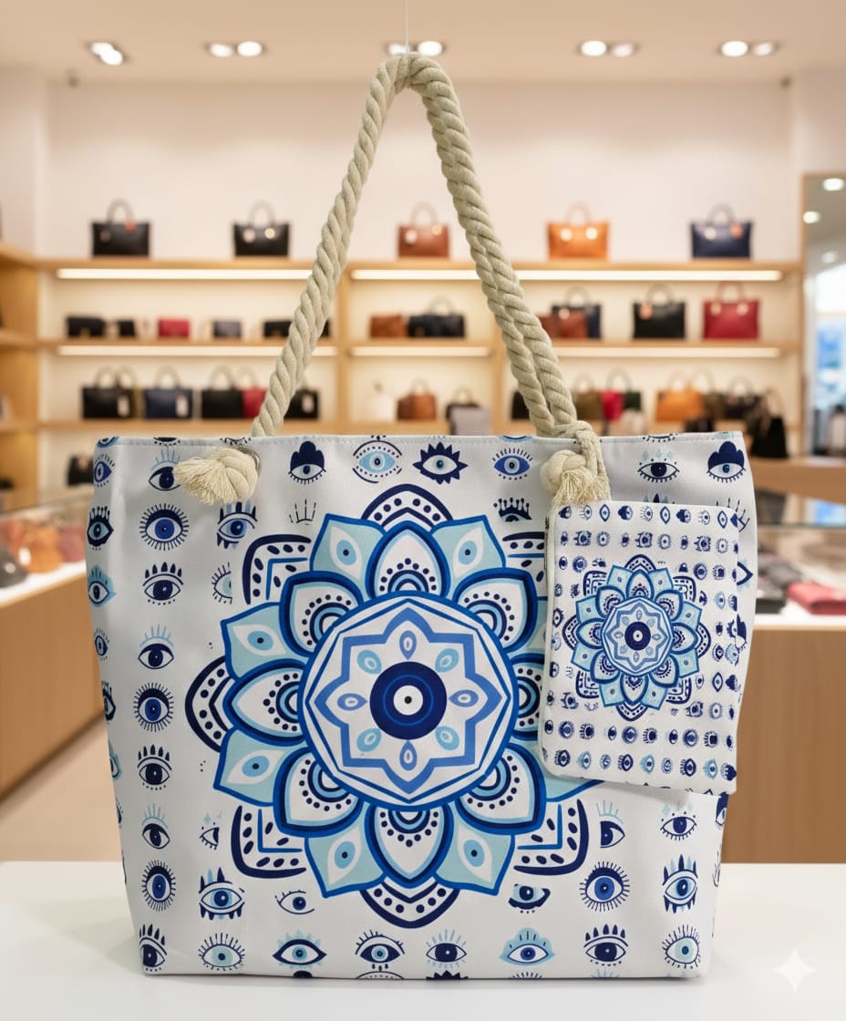 Stylish Evil Eye Printed Tote Bag with Rope Handle | Large Capacity | Daily Use Handbag