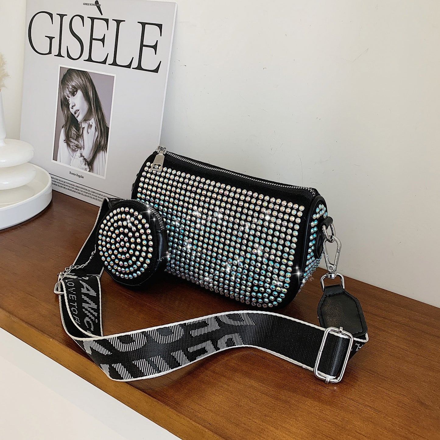 Diamond Studded Sling Bag for Women with Removable Coin Pouch | Stylish Broad Strap Crossbody Bag (8x2.5x5 Inch)